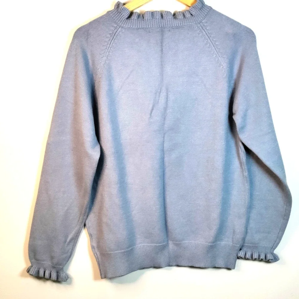 BTFBM‎ Women M 1/4 Button Blue Ruffle Neck & Cuff Knit Preppy Casual Sweater Y2K